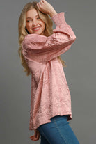 Wrinkled Round Neck Lantern Sleeve Blouse