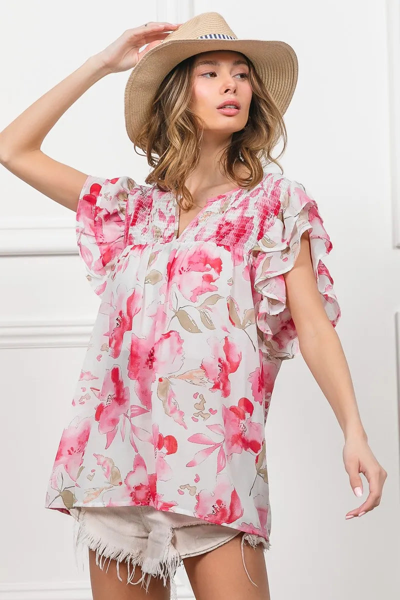 Floral Print Flutter Sheer Top