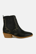 Black studded detail point toe boots with textured upper and stacked heel, perfect for a stylish and edgy look.