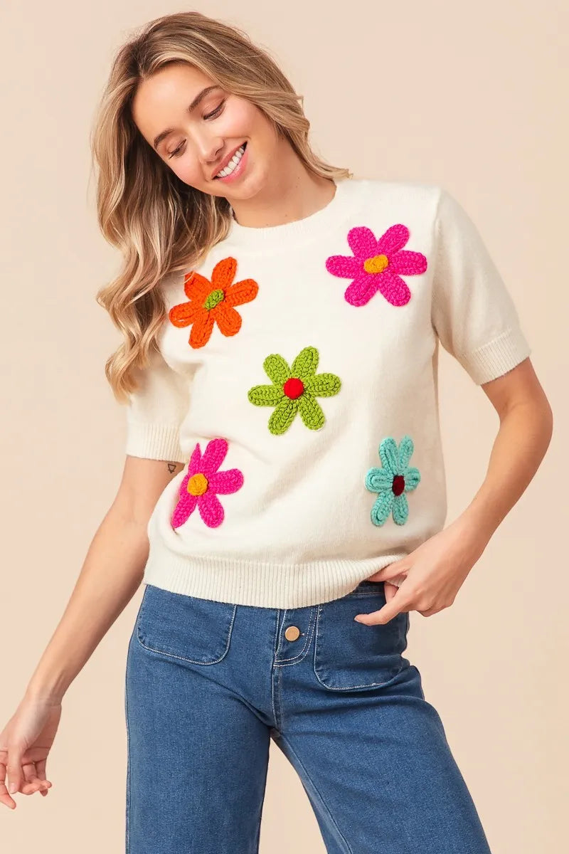 Crochet Flower Patch Sweater Top
