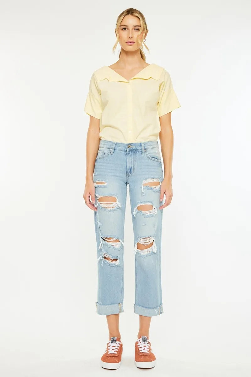 Mid Rise Distressed Boyfriend Jeans