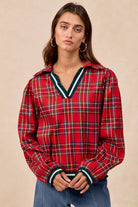 BiBi Christmas Plaid Collared Top with Ruffled Detail