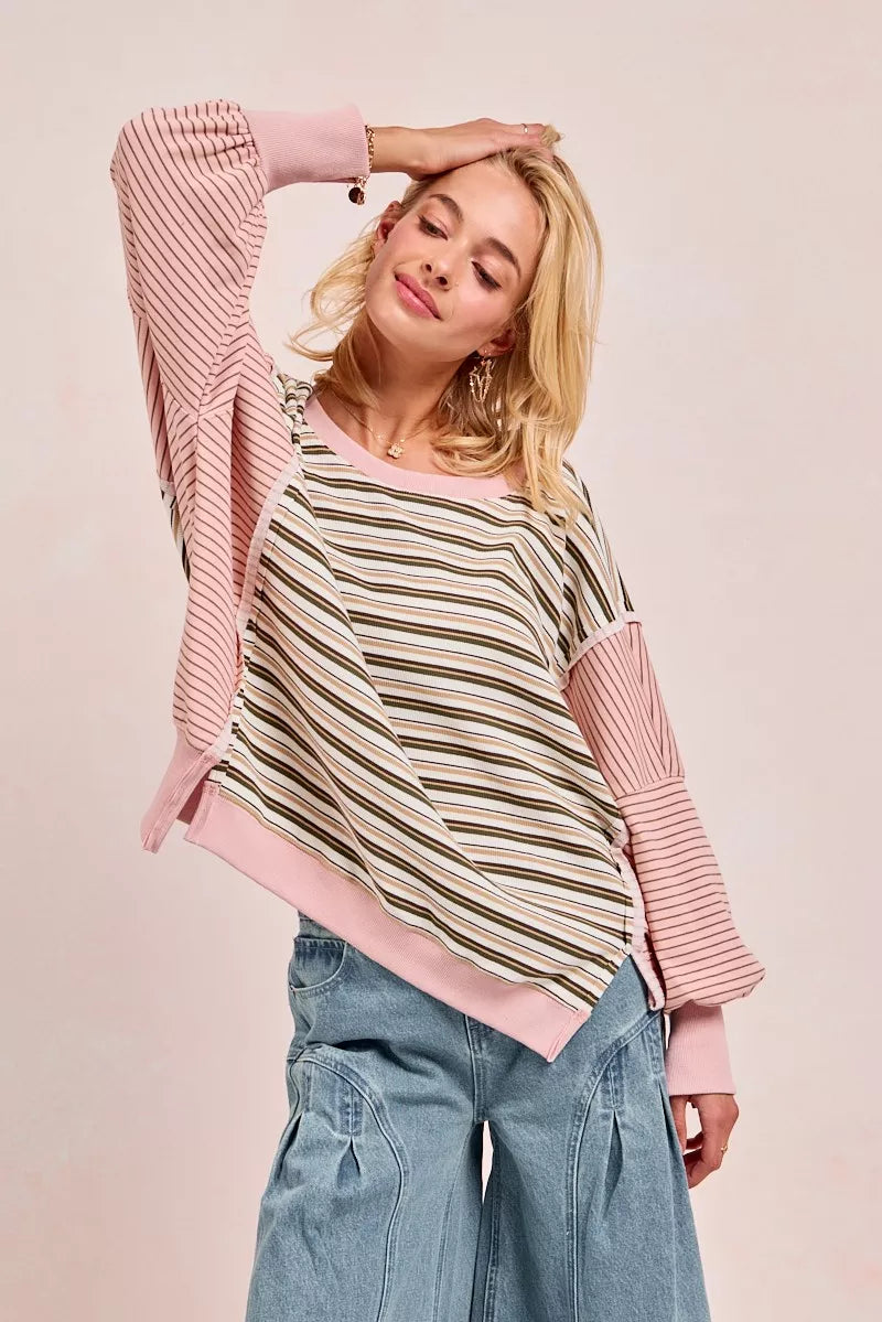 Striped Top With Cut Edge And Reverse Outseam