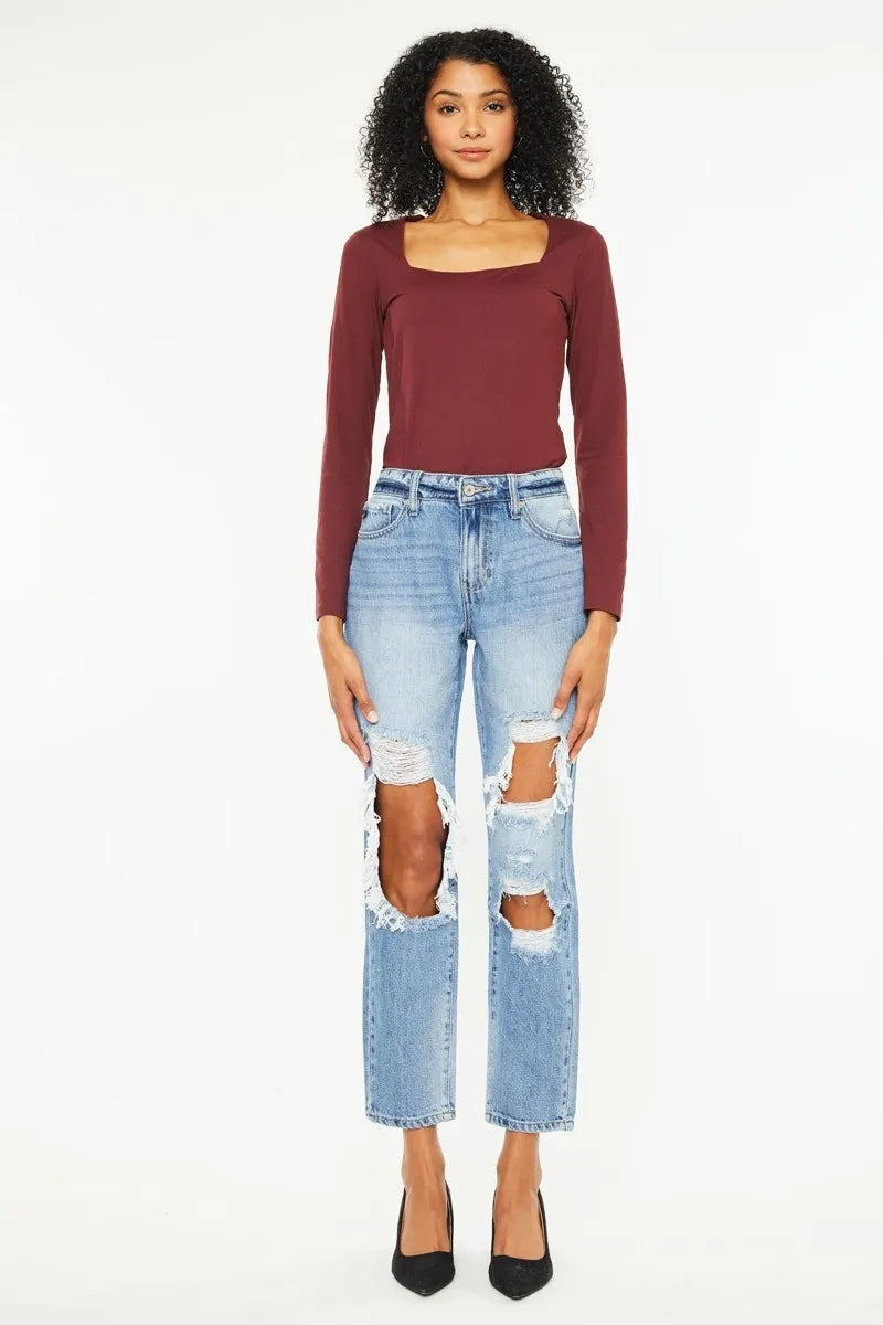 High Rise Distressed Boyfriend Jeans