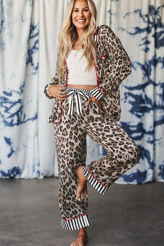 Leopard Colorblock Stripe Edge Pajama Set