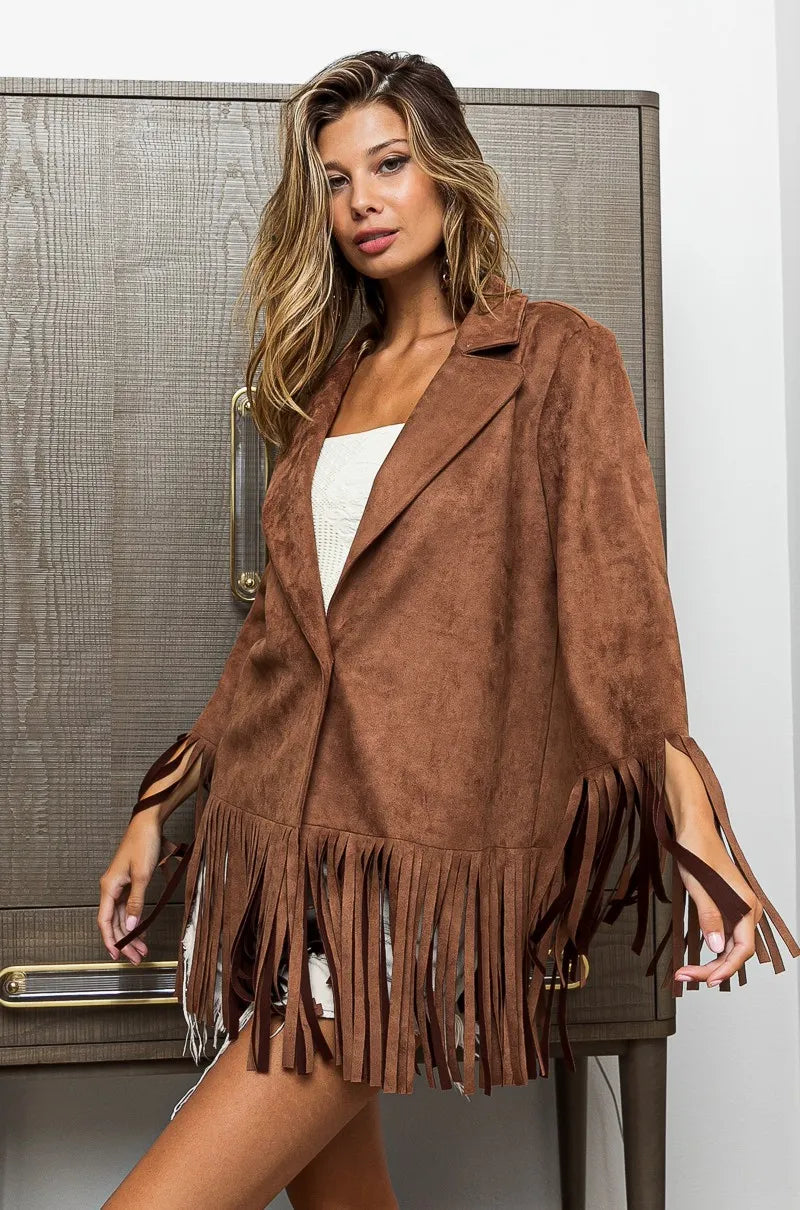Faux Suede Blazer with Fringed Hem