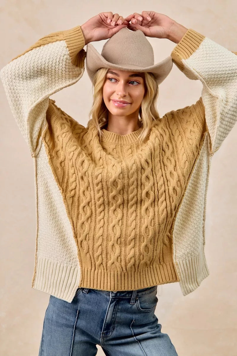 BiBi Cable Knit With Hacci Combo Sweater With Uneven Hem Detail