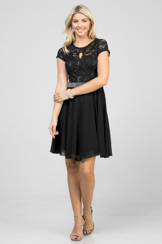 Lace Bodice Beaded Belt Chiffon Mini Dress