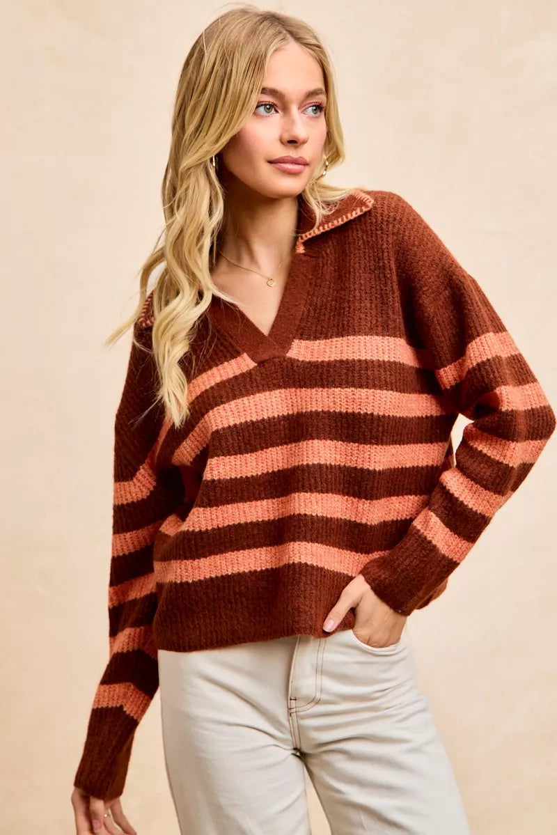 BiBi Striped Sweater Top with Collar Stitched Details