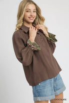 Half Button Blouse with Leopard Print Trim