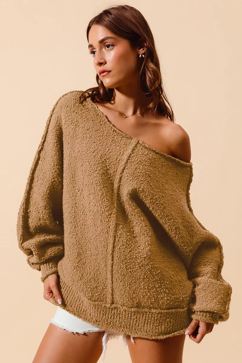 Loose Fit Exposed Seam Slouchy Boucle Sweater