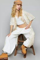 POL Button Down V-Neck Jacket with Printed Woven Patchwork