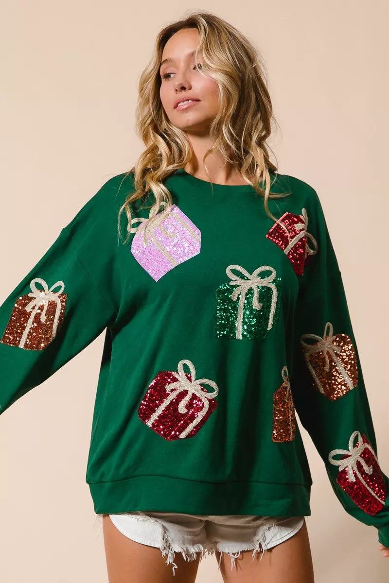 Sequin Christmas Gift Box Sweater