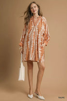 Leaf Print Notched Mini Babydoll Dress