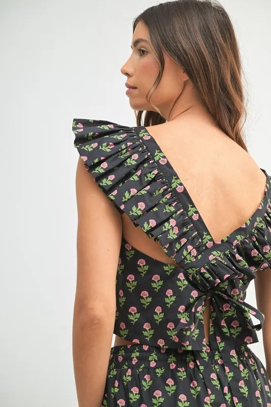 Floral Print Ruffle Top and Pants Set