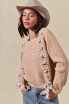 Plaid Tape Lace Up Ribbed Sweater