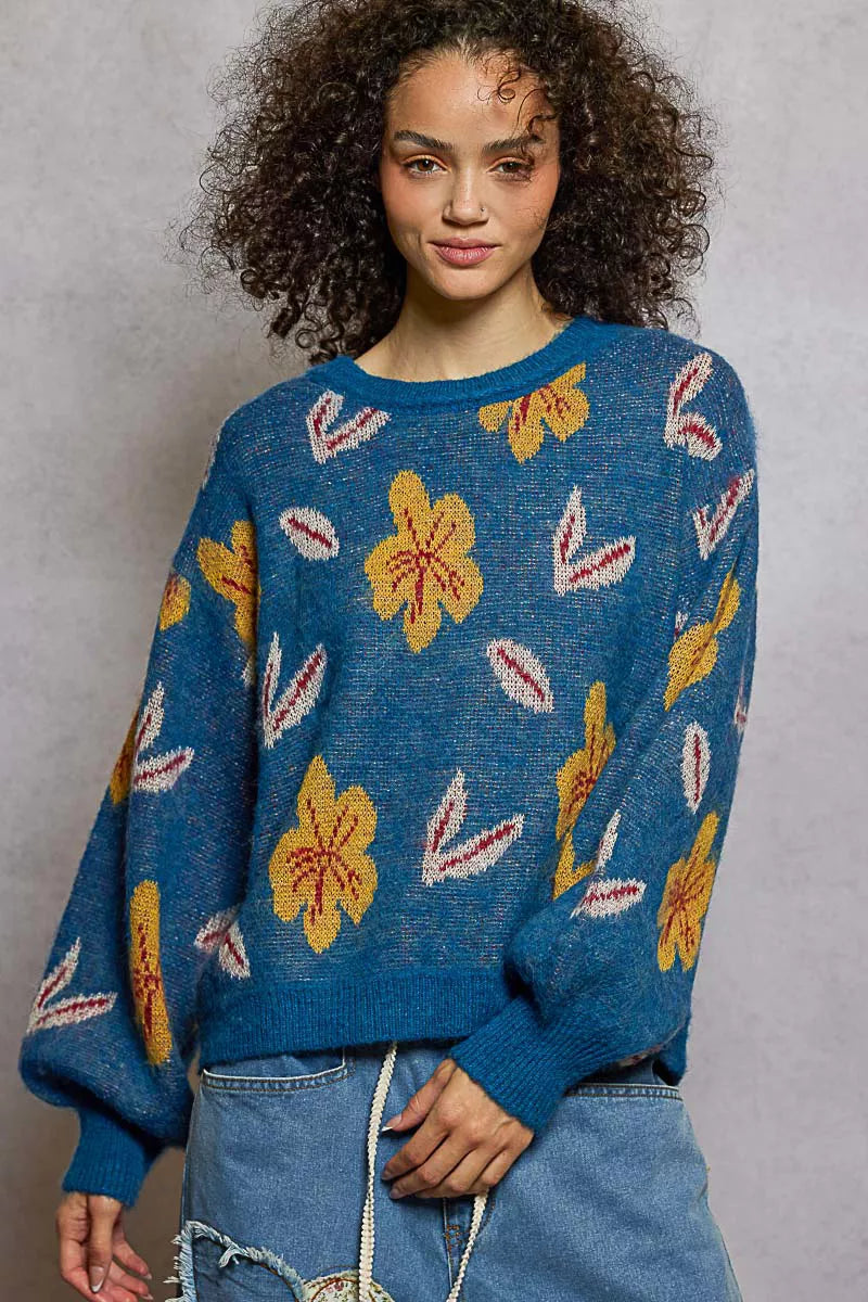 Floral Pattern Balloon Sleeve Sweater