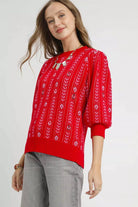Jacquard Knit Puff Sleeve Sweater