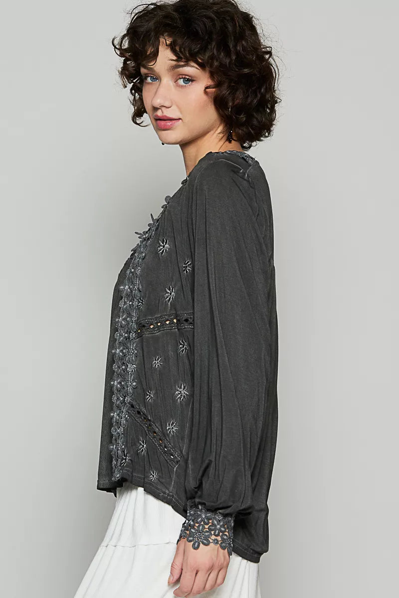Floral Embroidery Woven Top with Lace Trim