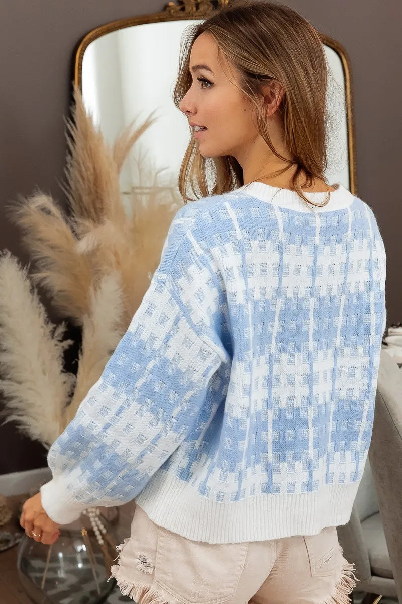 Hashtag Grid Textured V-Neck Sweater