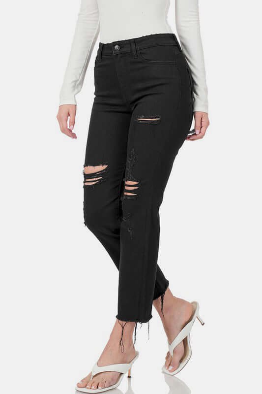 Distressed Raw Hem Cropped Jeans