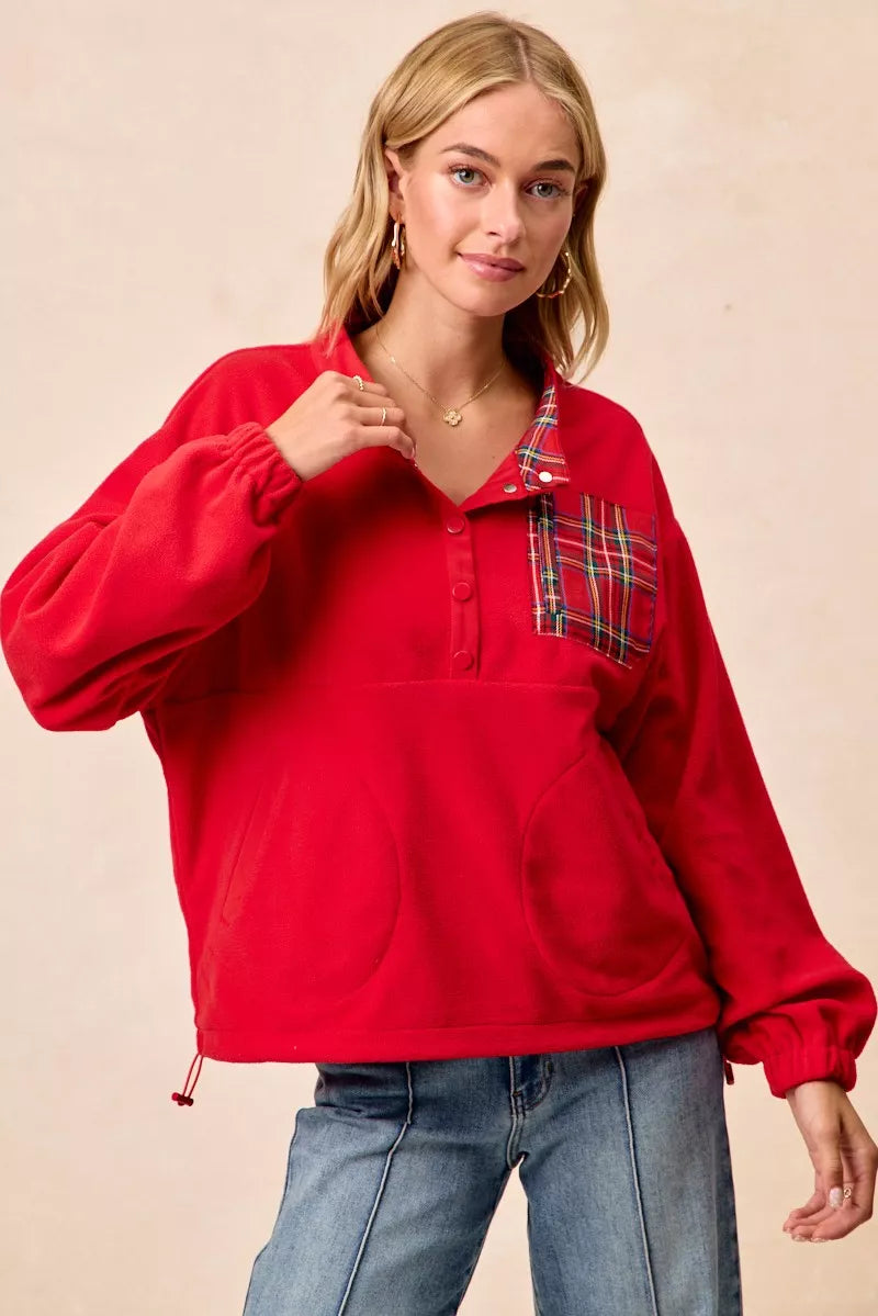 Christmas Theme Fleece Buttoned Top with Pockets