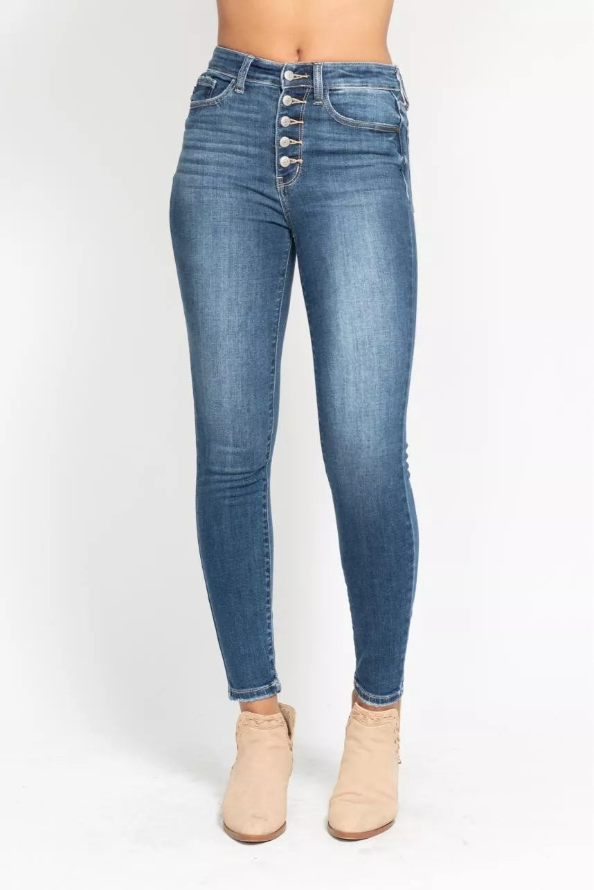 High Rise Button Fly Skinny Jeans