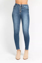 High Rise Button Fly Skinny Jeans