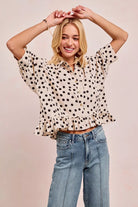 Polka Dot Peplum Top with Front Button