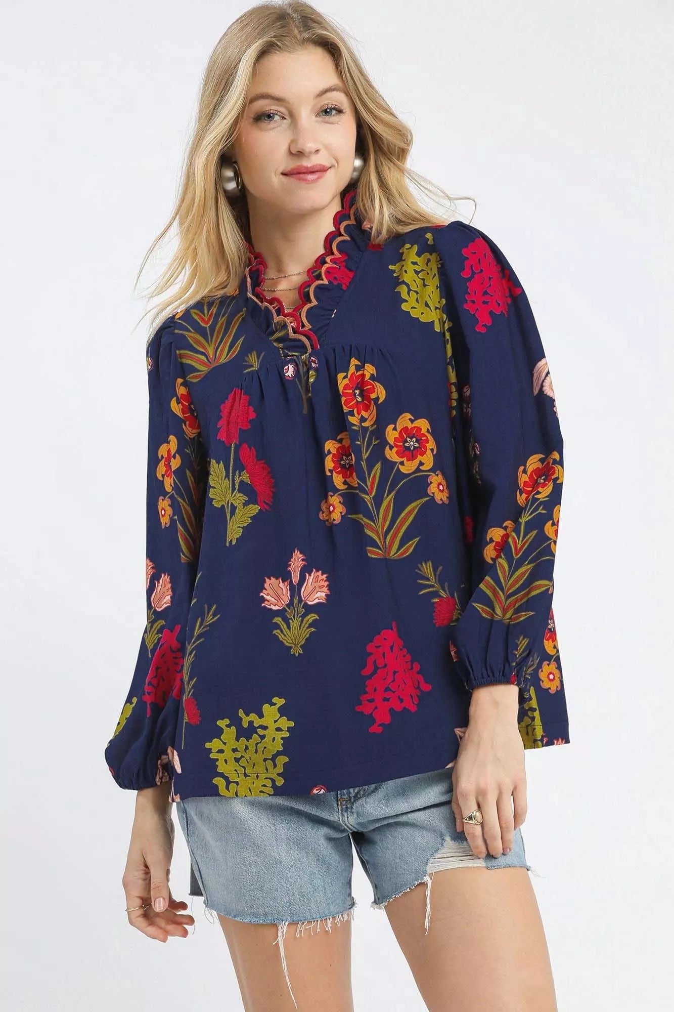Floral Blouse with Scalloped Neckline