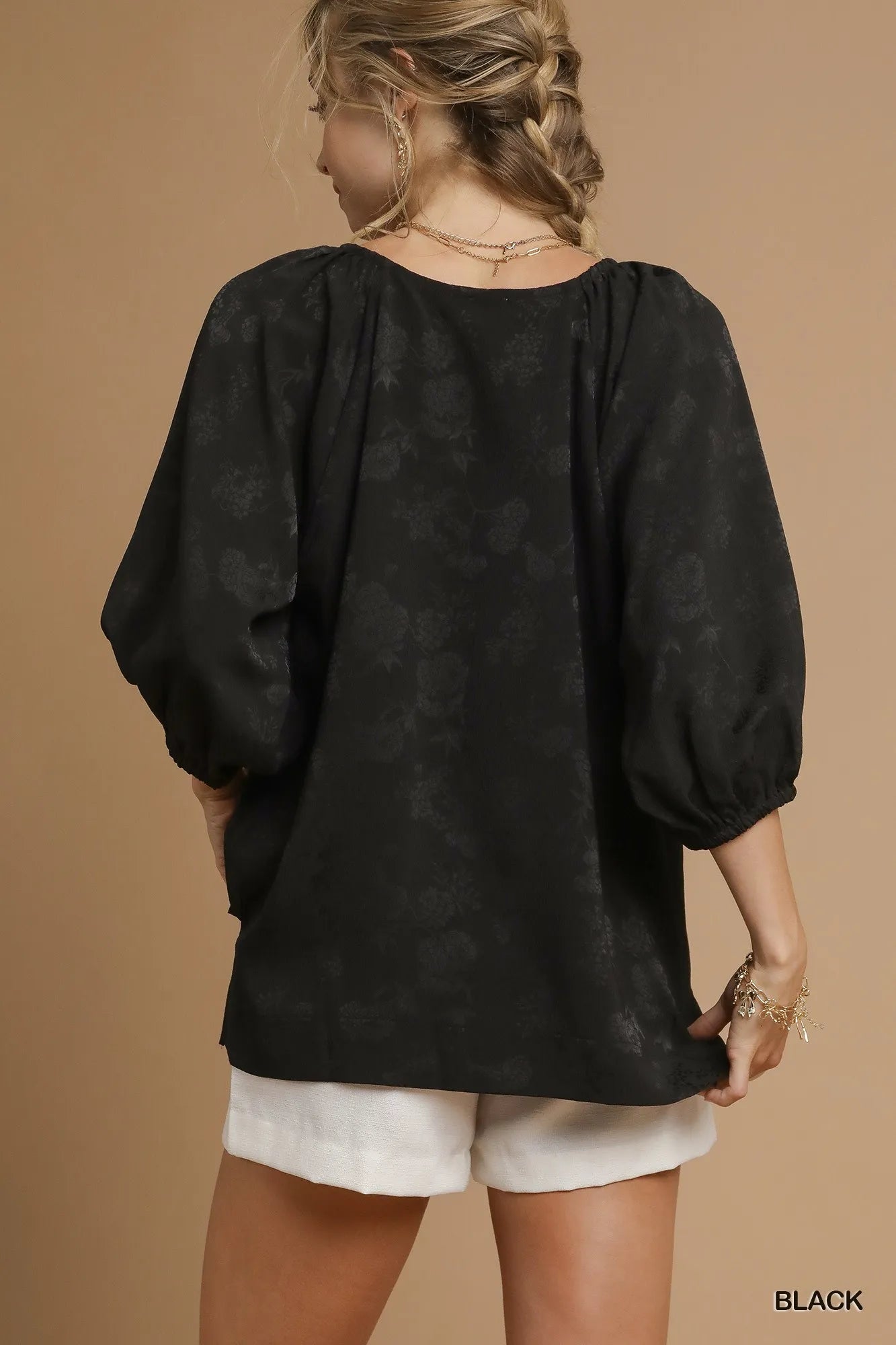 Satin Jacquard Balloon Sleeve Blouse