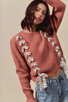 Plaid Tape Lace Up Ribbed Sweater