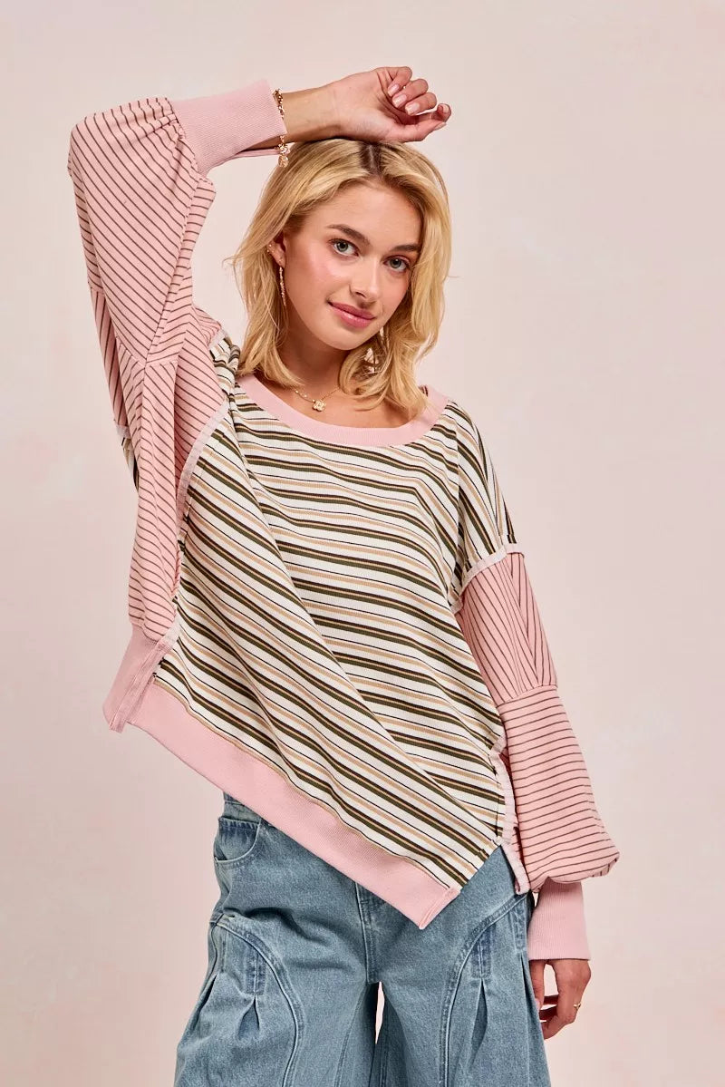 Striped Top With Cut Edge And Reverse Outseam