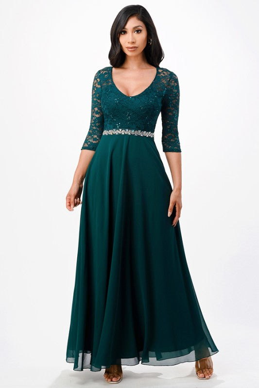 Chiffon Lace Half Sleeve Full-Length Dress