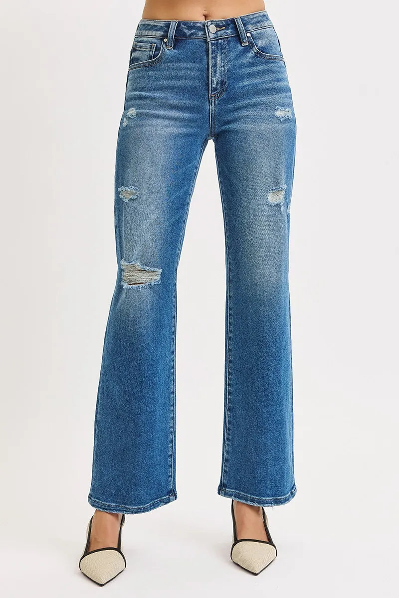 High Rise Ankle Straight Distressed Jeans