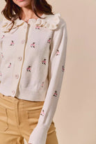 Collared Floral Embroidered Button Down Cardigan