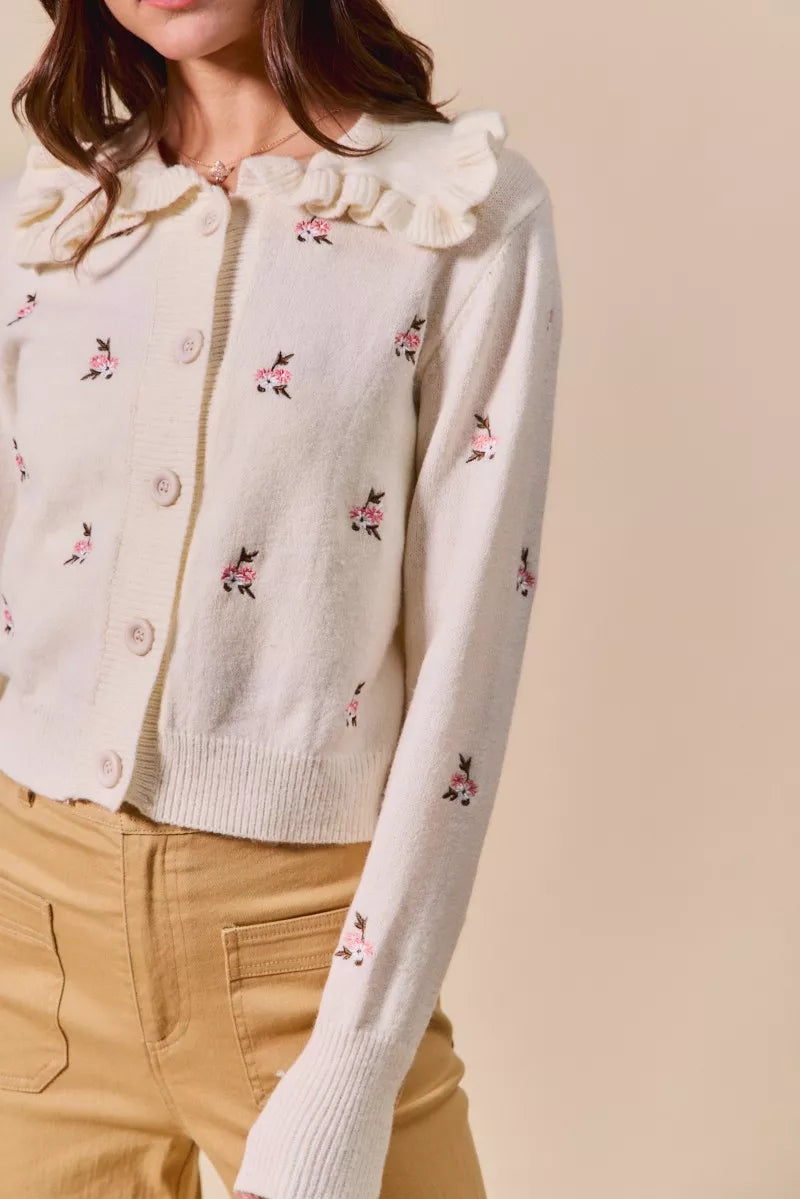 Collared Floral Embroidered Button Down Cardigan