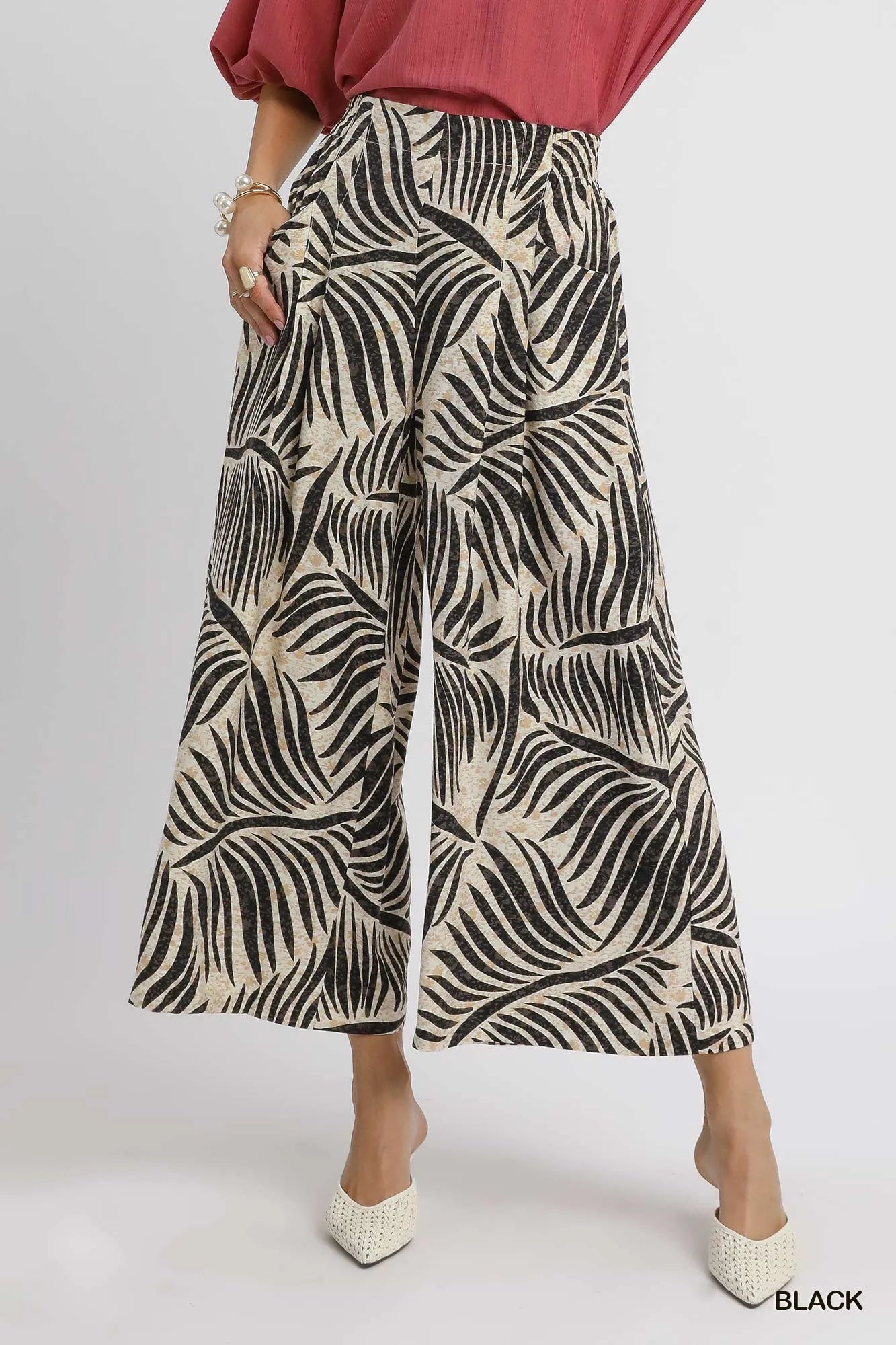 Palm Leaf Print Wide Leg Culotte Pants
