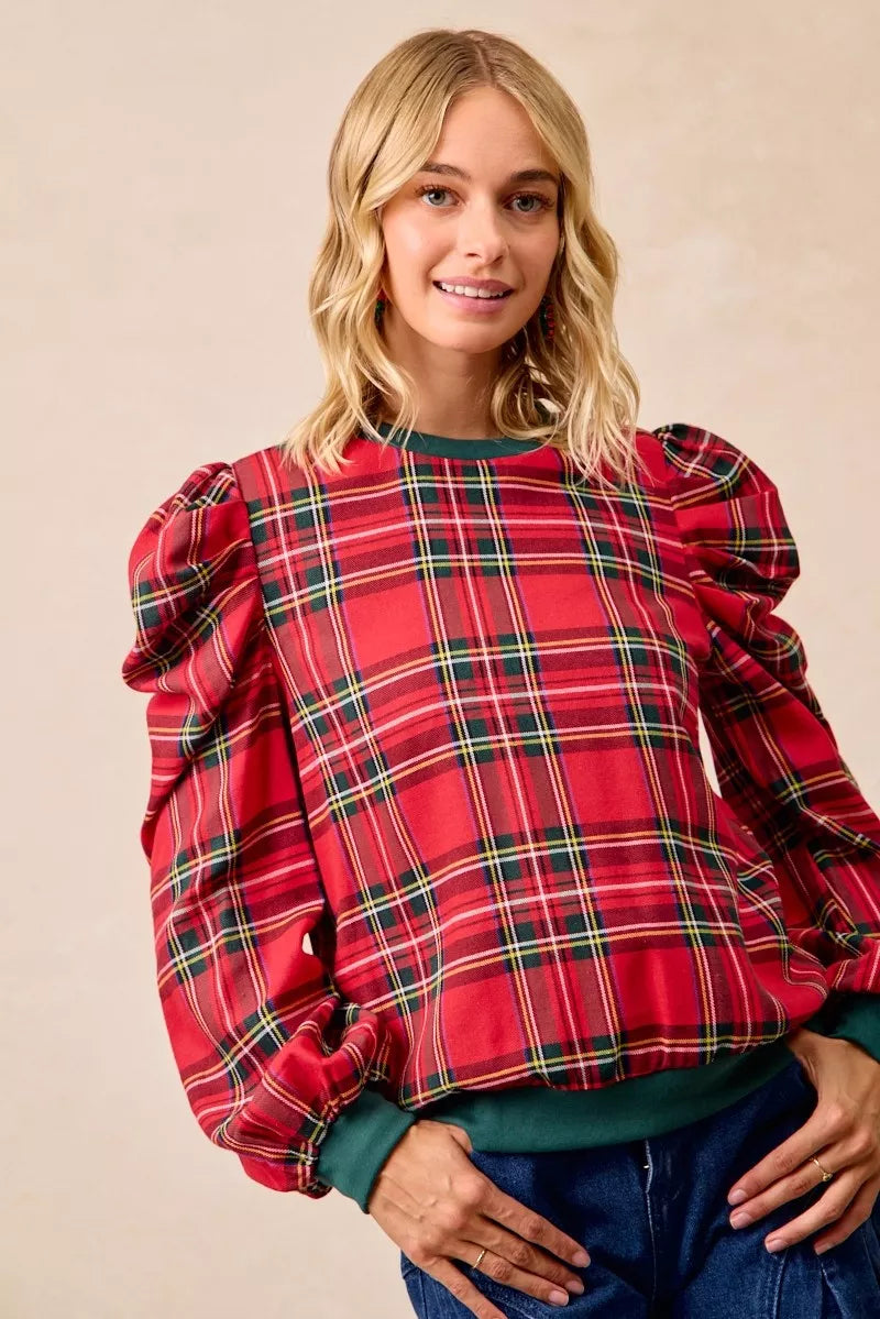 Plaid Exaggerated Shoulder Top