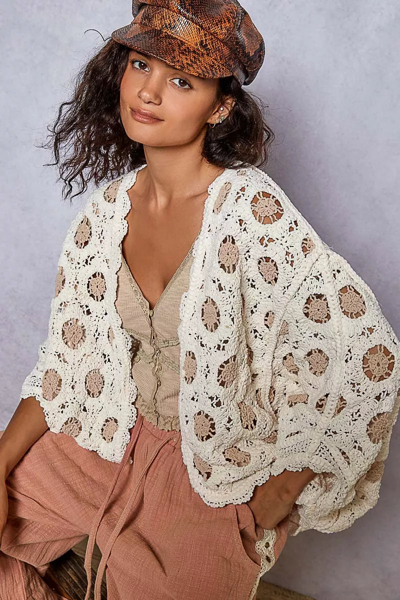 Openwork Chenille Cardigan with Contrast Floral