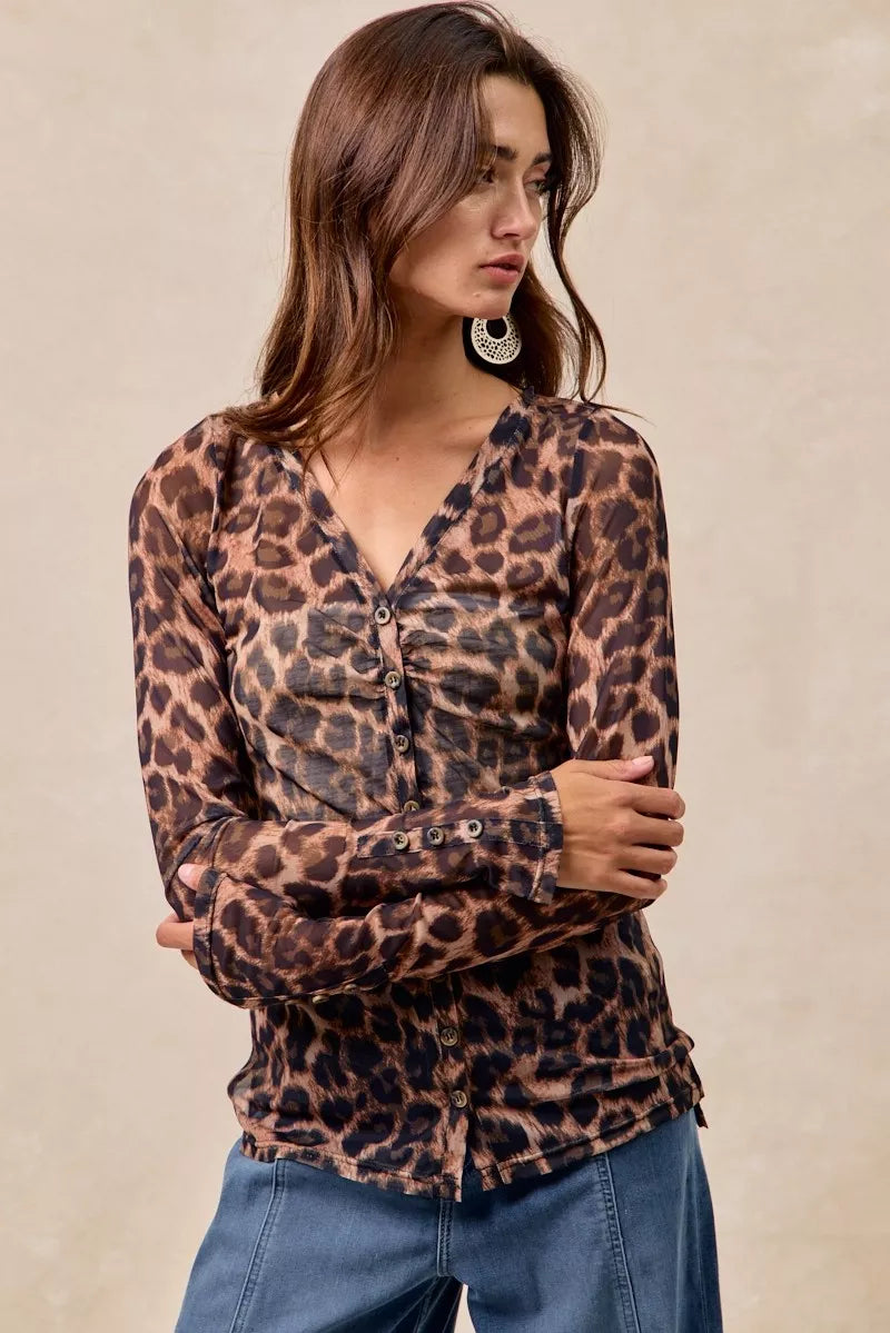 Leopard Printed Mesh Button Up Shirt