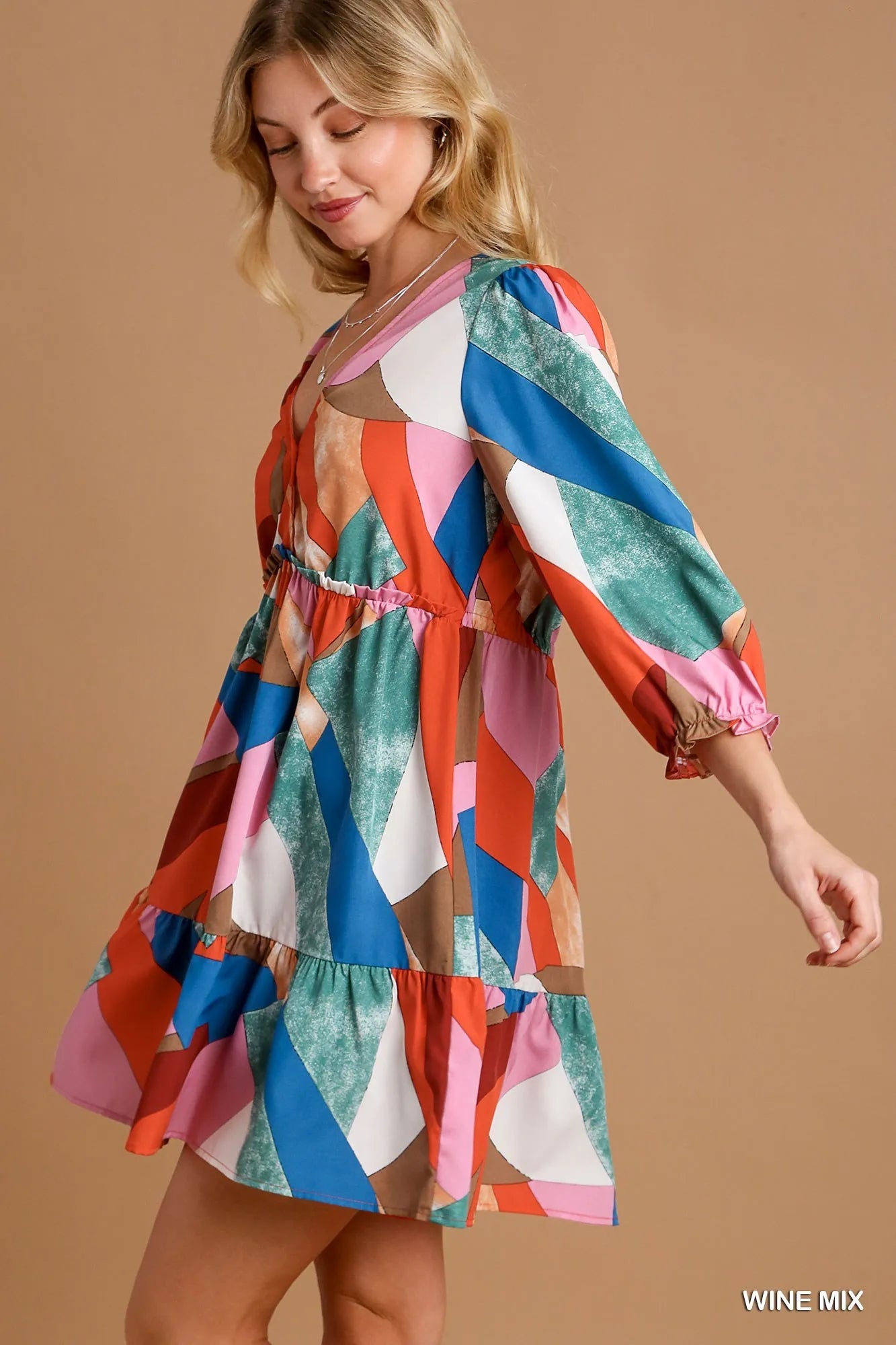 Abstract V-Neck Tiered Printed Dress