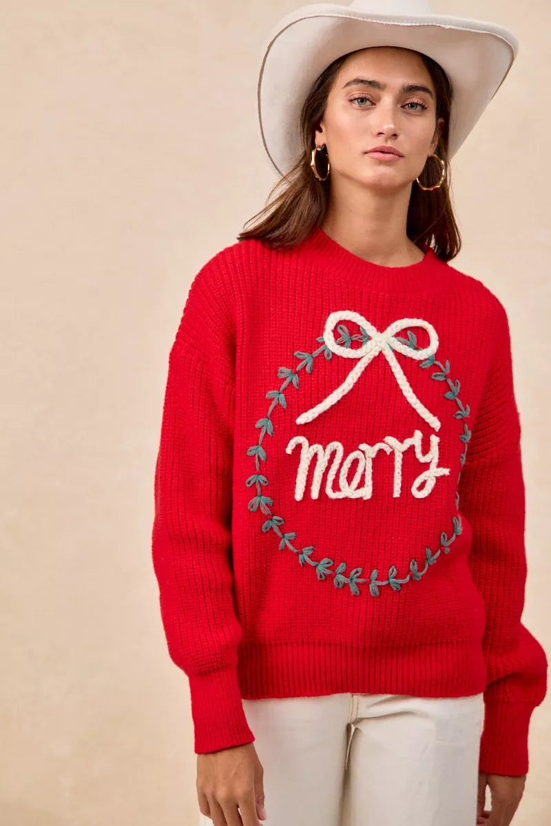 BiBi Christmas Wreath Merry Letter Knit Top