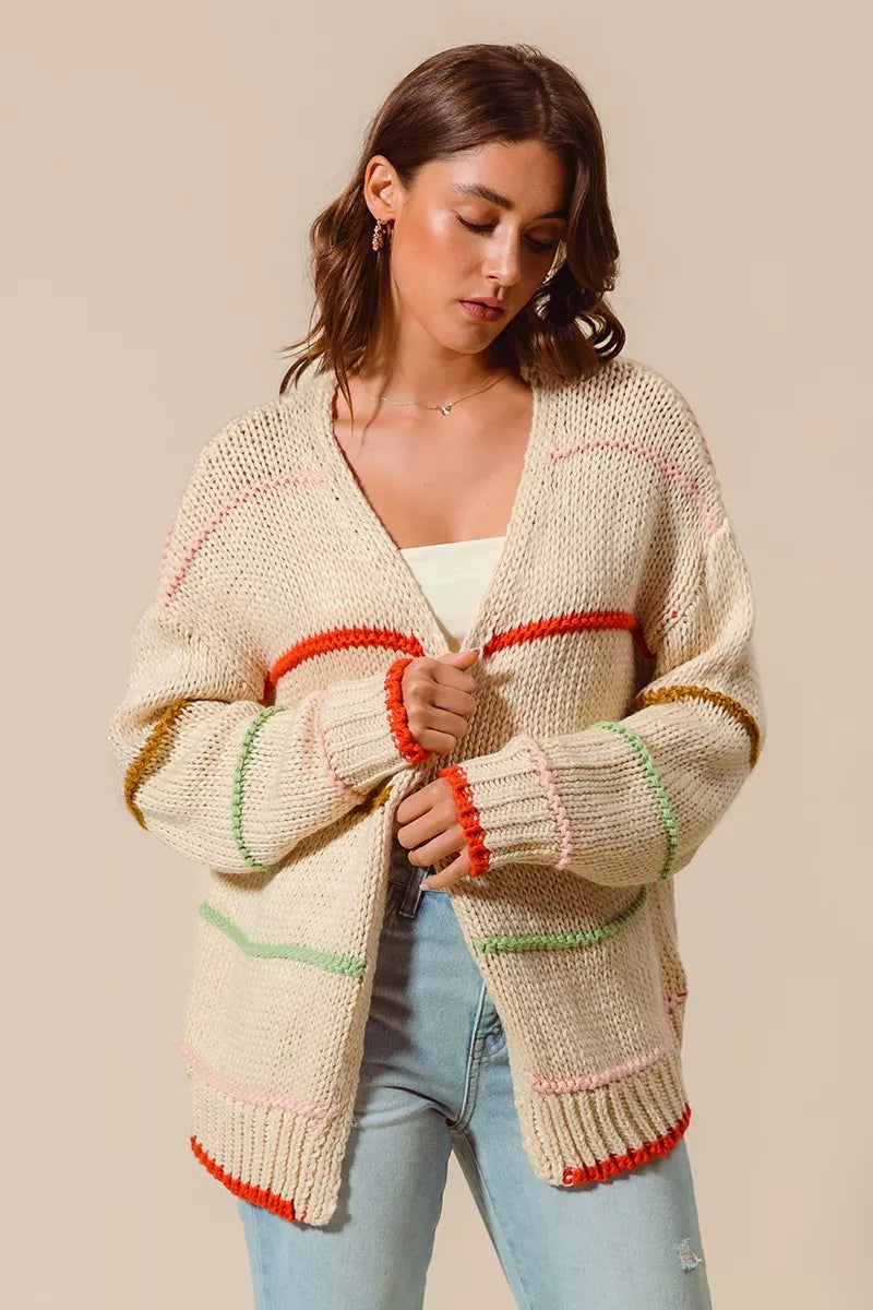 Loose Fit Multi Stripe Open Front Cardigan