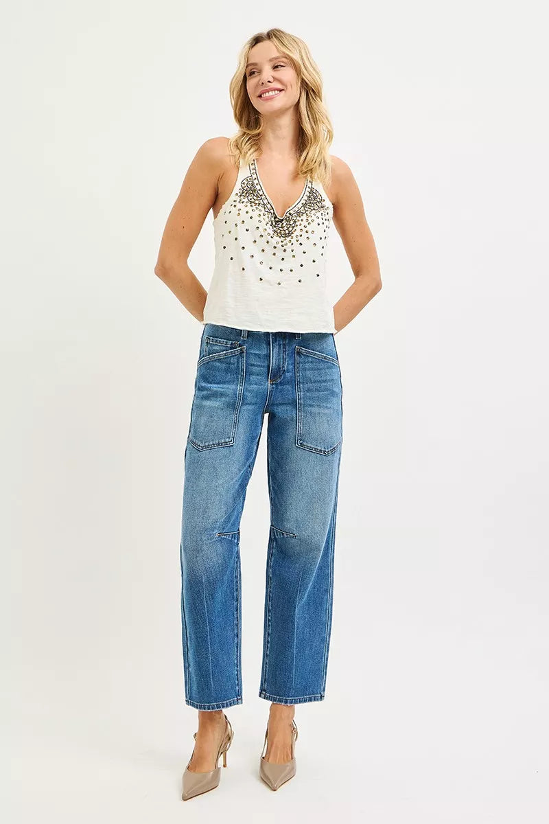 4 Way Stretch Mid Rise Barrel Jeans