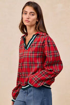 BiBi Christmas Plaid Collared Top with Ruffled Detail