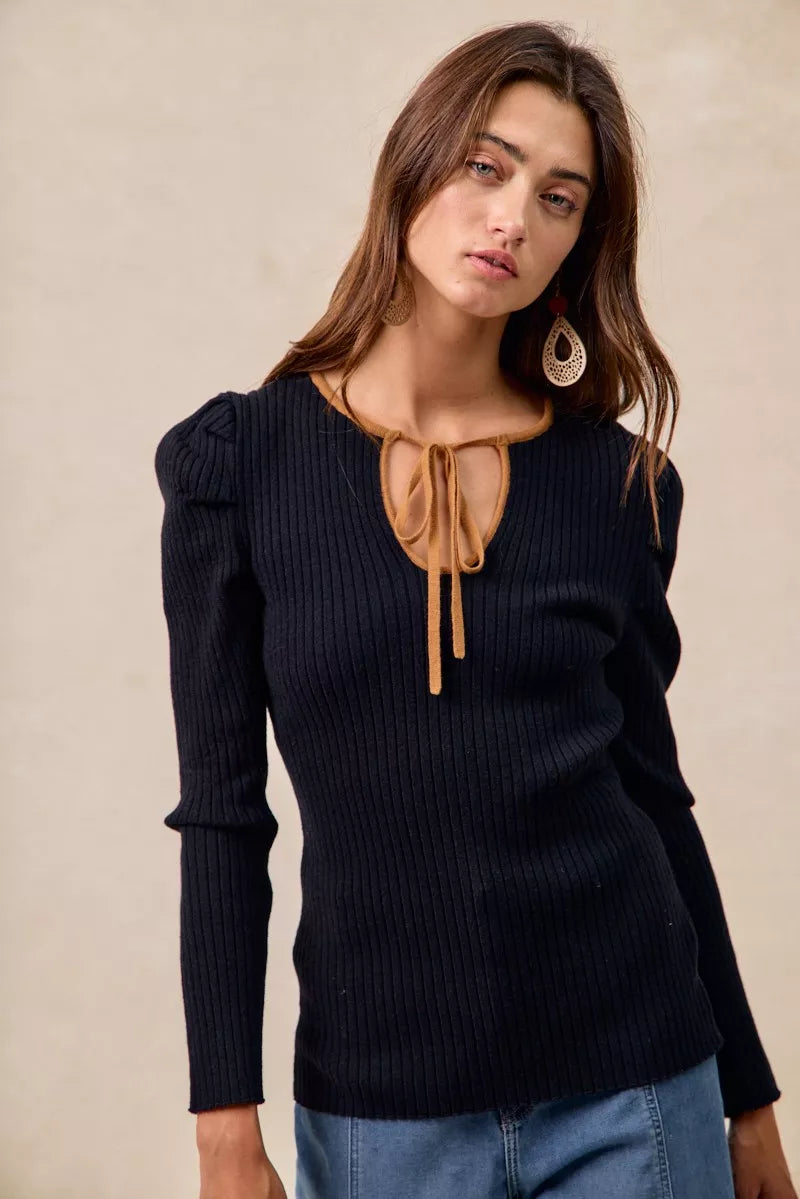 Ribbed Contrast Front Tied Top