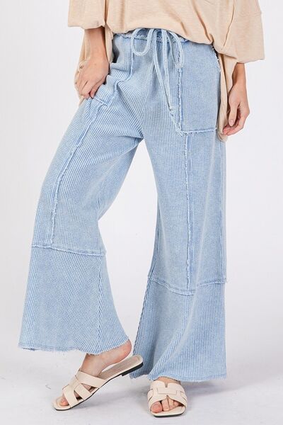 Waffle Textured Wide Leg Mineral Washed Pants