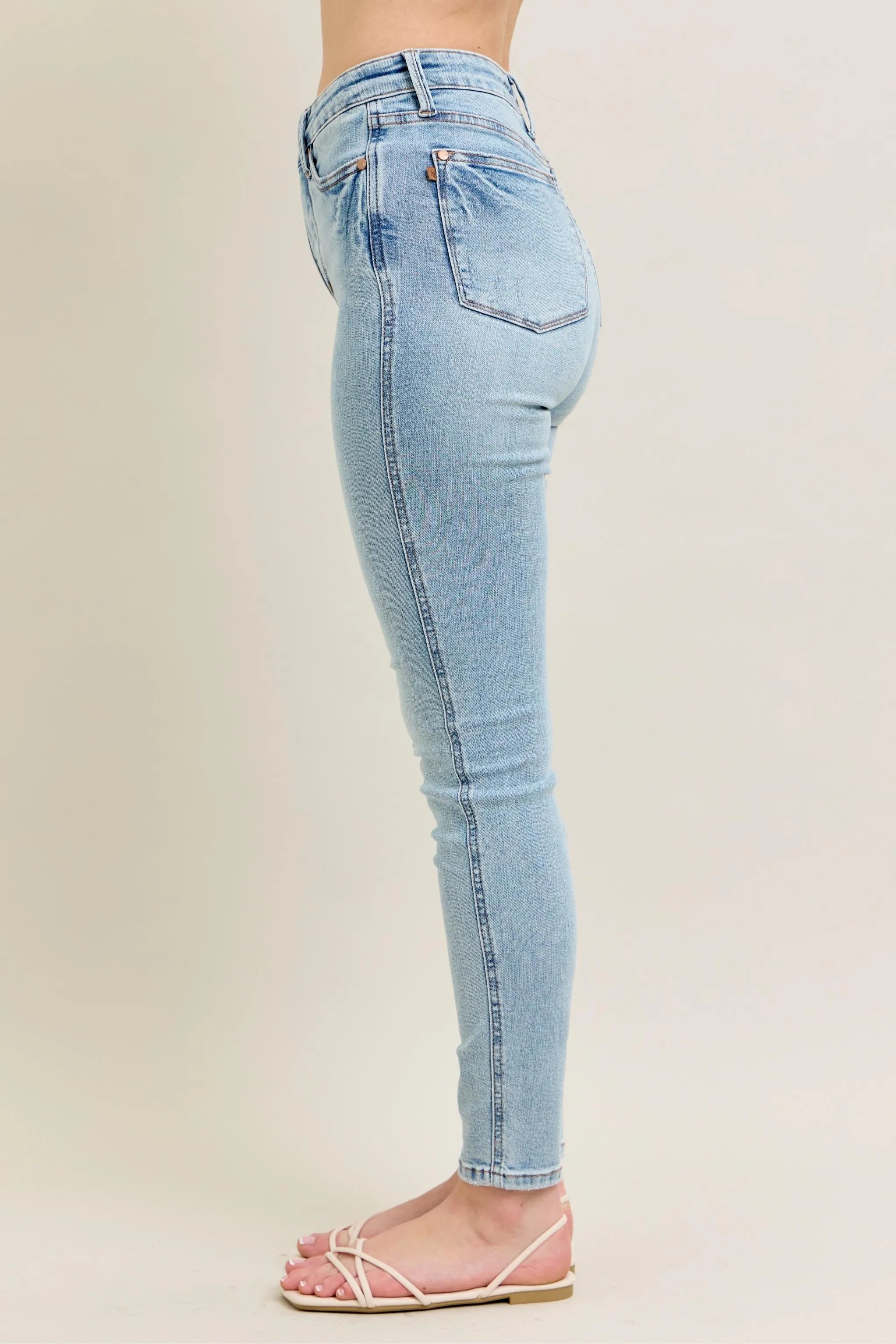Mid Rise Tummy Control Vintage Wash Skinny Jeans