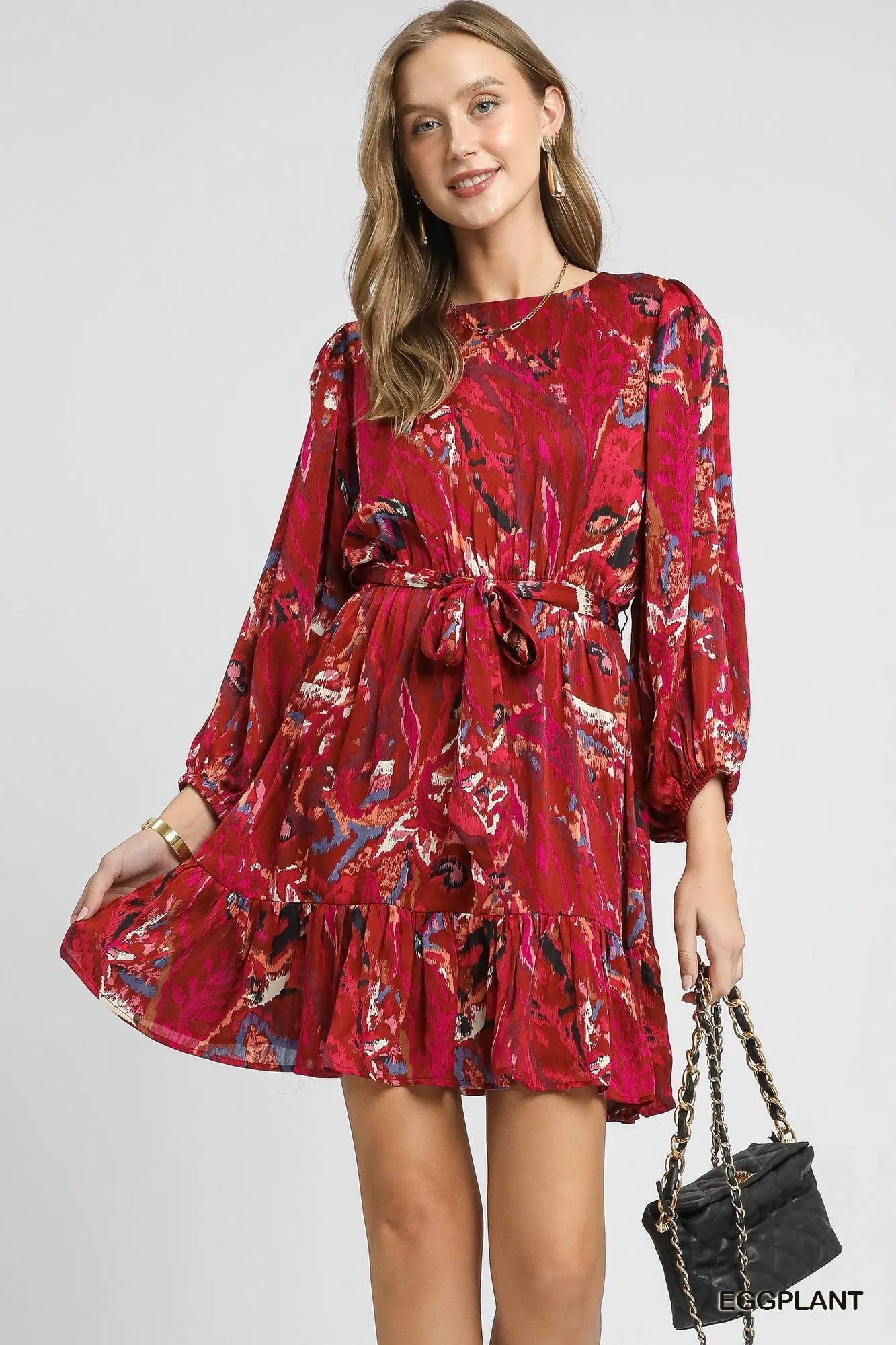 Ruffled Hem Printed Balloon Sleeve Dress